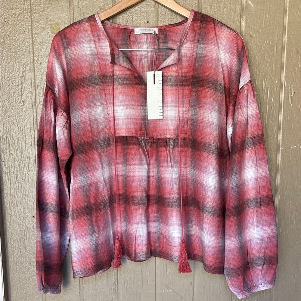 Mododoc Los Angeles Plaid relaxed top in red clay size S